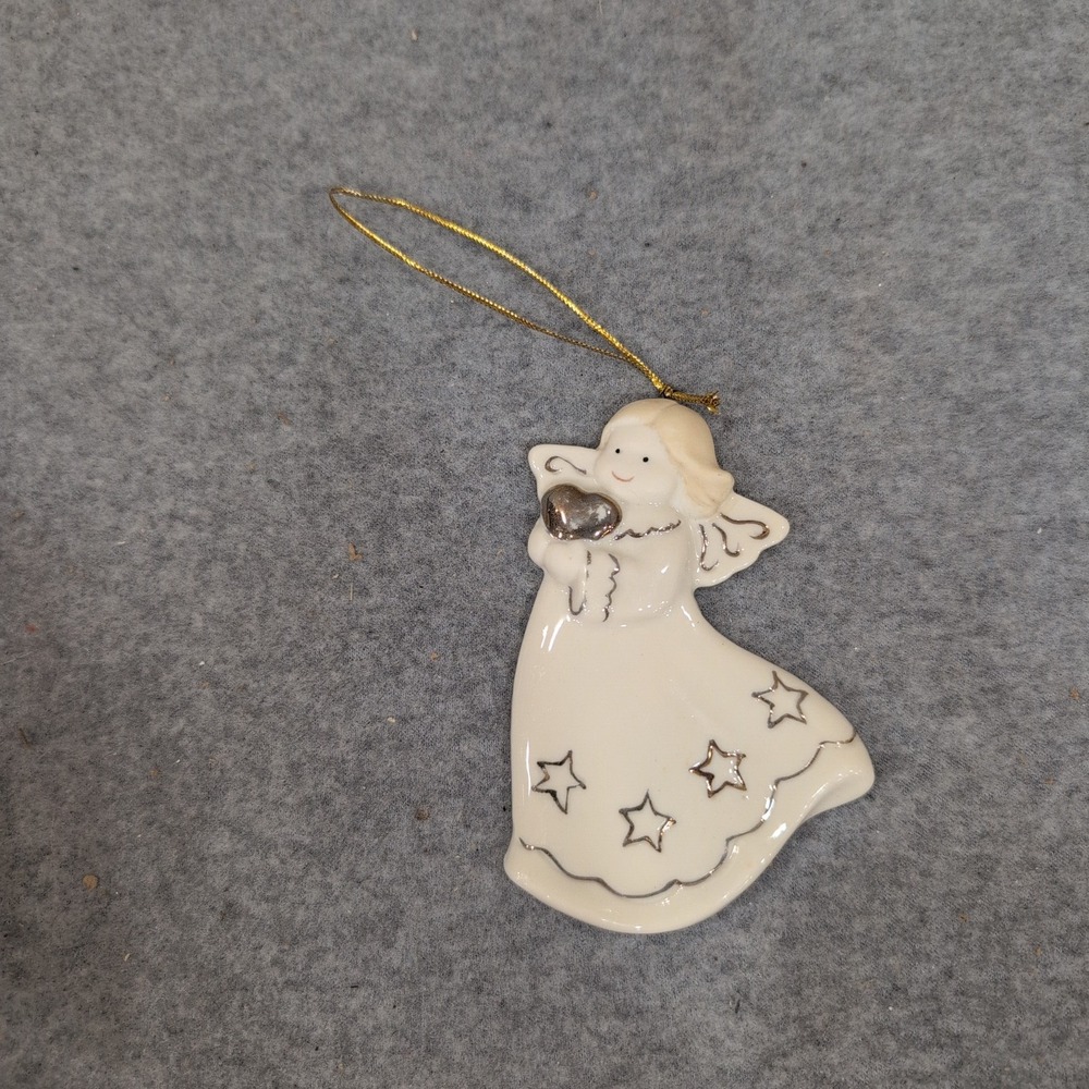 Ceramic Angel Christmas Ornament White Silver Heart Stars Gold Cord Hanging Dcor - Picture 2 of 4